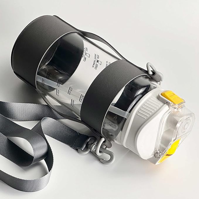 48oz Borosilicate Glass Water Bottle with Straw and Time Marker, Large Sport Water Jug with Adjustable Strap for Men Women (White)