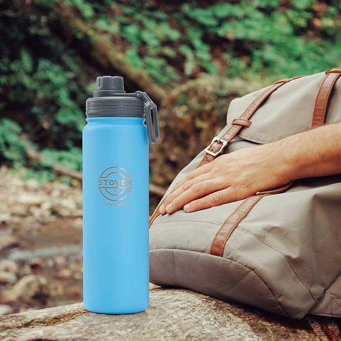 STOVER 25oz Insulated Water Bottle, Wide Mouth Double-Walled Stainless Steel- Vacuum Sealed, Leakproof, Durable, Slim Design Fits in Cup Holder- Flip Top Lid/Spout for Travel- Women/Men (Light Blue)