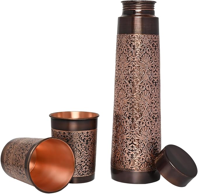 Pure Copper Water Bottle with 2 Tumblers Set, Beautiful Floral Pattern Light House Shape For Ayurveda Health Benefits