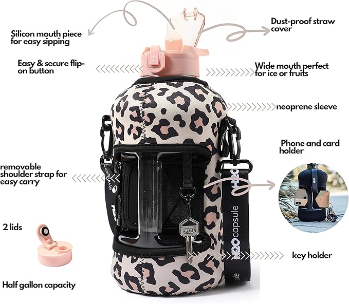 H2O Capsule 2.2L Half Gallon Water Bottle with Storage Sleeve and Covered Straw Lid – BPA Free Large Reusable Drink Container with Handle - Big Sports Jug, 2.2 Liter (74 Ounce)