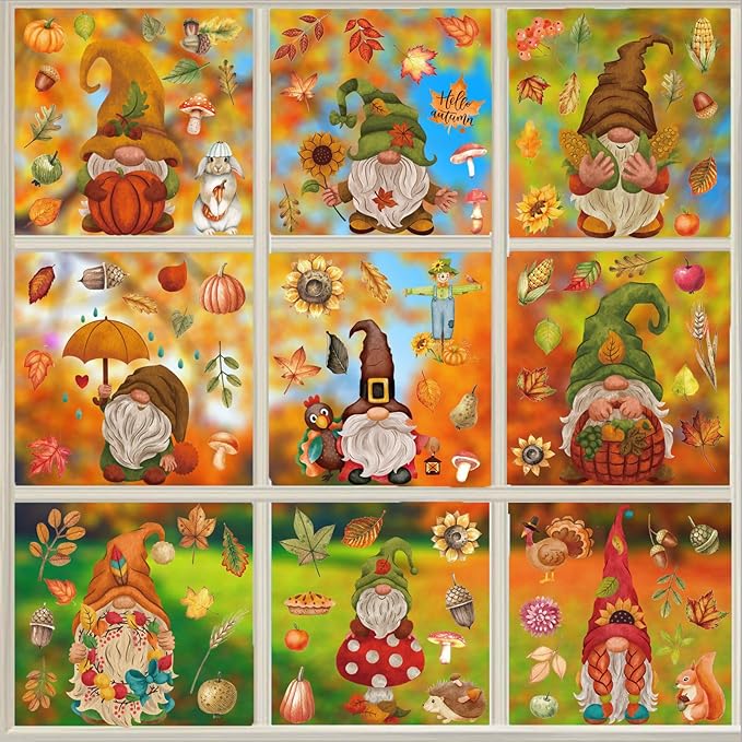 Fall Window Clings Autumn Window Stickers 9 Sheet Window Wall Decals for Home Fall Thanksgiving Decorations Cute Gnome Maple Leaves Pumpkin Stickers