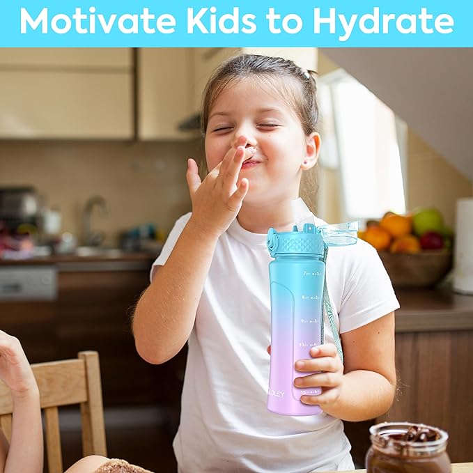OLDLEY Kids Water Bottle with Straw 15 oz BPA-Free Leak-Proof Motivational Water Bottles with Time Marker for School Sports Travel Gym, Easy to Use for Girls Goys, 1 Straw Lid, Blue Purple