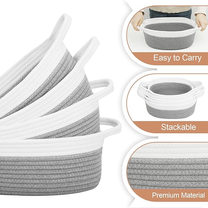 Small Woven Basket with Handles, 5 Pack Cotton Rope Room Shelf Storage Basket for Organizing Small Round Basket Baby Nursery Bins, White (Off White & Gray)