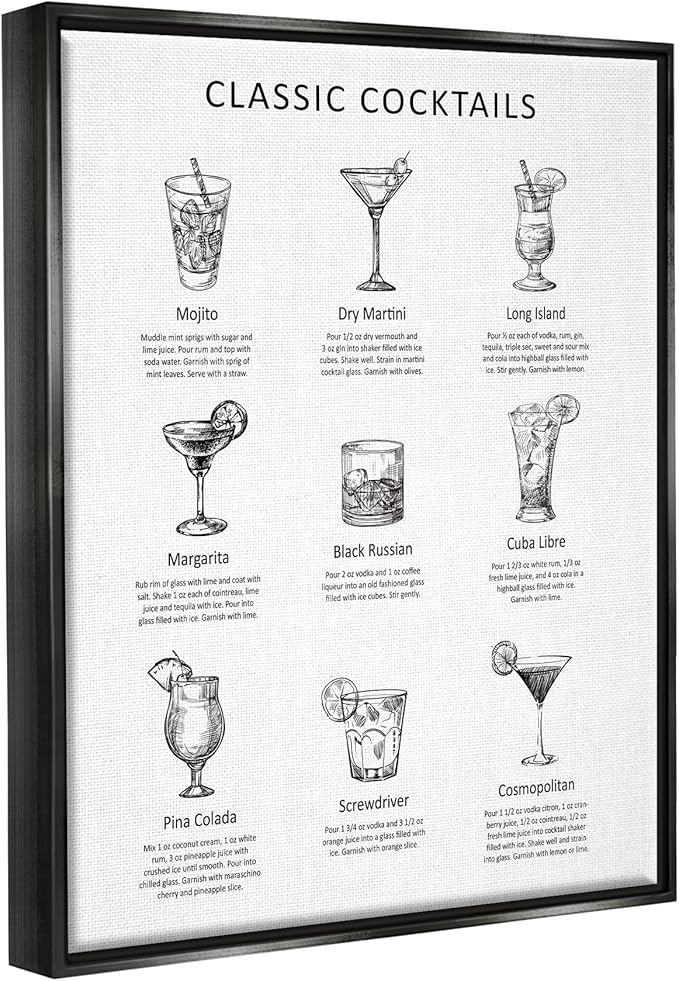 Stupell Industries Classic Cocktails Mixed Drinks Kitchen Bar Sign Chart, Design by Lettered and Lined