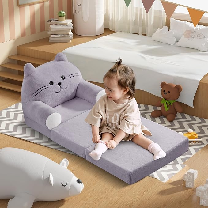 Kids Sofa Chair for Toddler, 2-in-1 Folding Soft Baby Couch with Removable Cover, Comfy Plush Children's Recliner, Convertible Floor Sofa Bed to Lounger for Girls Boys Age 1-3,Cat Grey