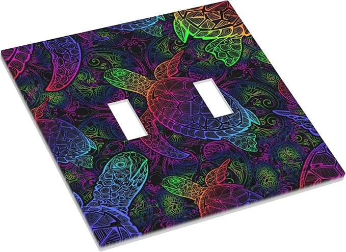 Multicolor Colors Sea Turtle Double Toggle Light Switch Covers 2 Gang Wall Plate Dual Decorative Switchplate Electrical Faceplate for Bathroom Country Kitchen Bedroom Decor, 4.9" x 5"