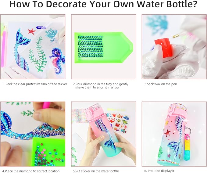 DCDD Decorate Your Own Water Bottle Kits for Girls Age 4-10, Mermaid Kids Water Bottle Stickers for Birthday Gifts, School, Travel and Christmas, 20 oz Leak-Proof