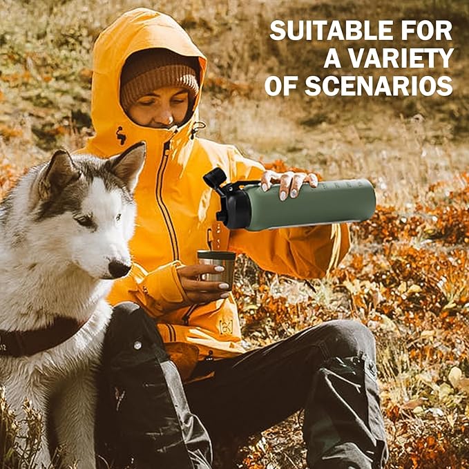 Glass Water Bottles with Straw -32oz- Water Bottle Phone Holder for Gym Large Motivational Water Bottle with Time Marker Glass Drinking Bottles 2 Lids - Spout & Bamboo Straw Lid(Olive)