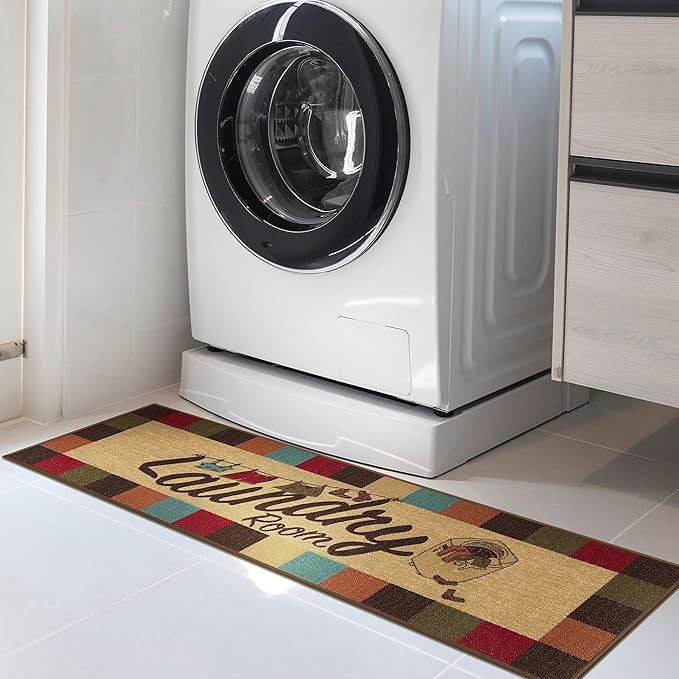 Ottomanson Laundry Collection Non-Slip Rubberback Checkered Border Design 2x5 Laundry Room Runner Rug, 20" x 59", Multicolor