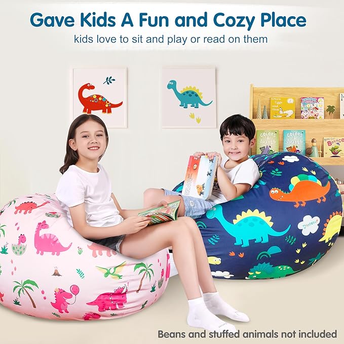 Lukeight Stuffed Animal Storage Bean Bag Chair Cover for Kids, Dinosaur Zipper Beanbag Chair Cover for Organizing Toddler and Kids' Rooms Plush Toys (Dinosaur Navy, X-Large)