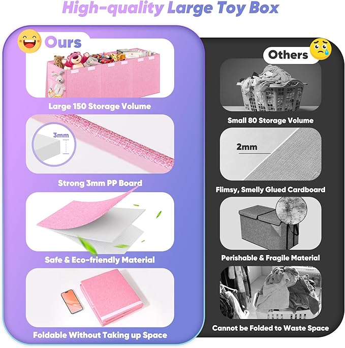 Extra Large Toy Box, Toy Box for Kids Boys Girls, Collapsible Sturdy Toy Storage Organizer with Mesh Pockets, 41"x14"x16" Kids Toy Chest Boxes Bins Baskets for Nursery, Playroom, Pink
