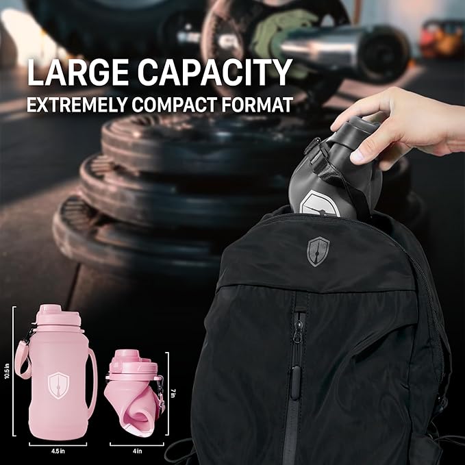 Collapsible Water Bottle for Traveling, Workout or Hiking 64oz Gen 2.0 - Motivational Water Bottle with Time Markings - Half Gallon / 2 L Capacity - BPA Free & Dishwasher Safe (Fruity Pink + Filter)