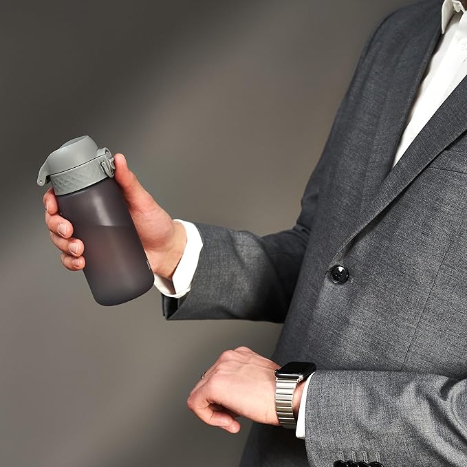 Ion8 Small Water Bottle, 350 ml/12 oz, Leak Proof, Easy to Open, Secure Lock, Dishwasher Safe, BPA Free, Carry Handle, Hygienic Flip Cover, Easy Clean, Odor Free, Carbon Neutral, Grey