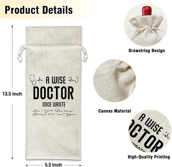 Wine Canvas Bag, Doctor Wine Gift Bag, Retirement Gifts for Doctors Coworker Colleague Thank You Gifts Wine Lover Gifts Wine Bags for Wine Bottles, Wine Gifts With Drawstring Party Decoration -WB31