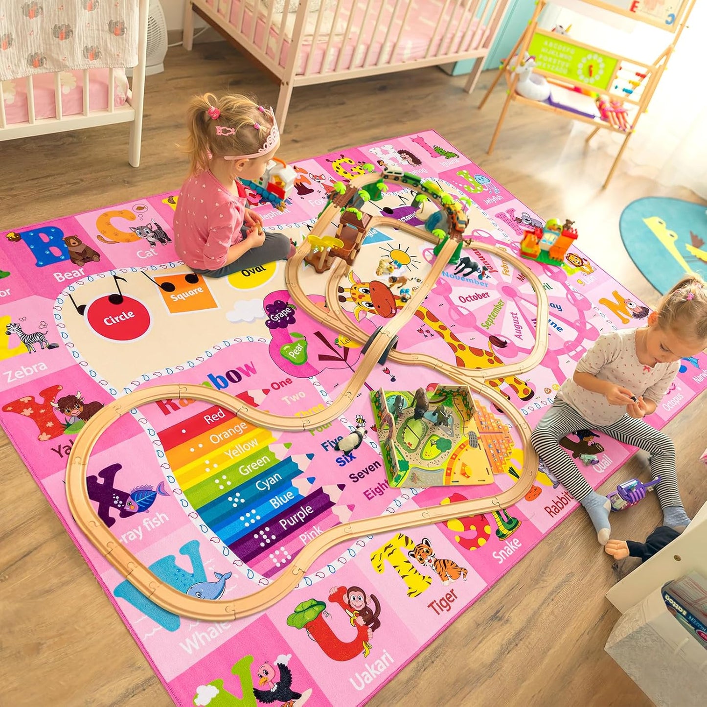 Kids Rugs for Playroom Bedroom Classroom Nursery, Non-Slip and Washable Rugs for Children Toddlers Girls, Educational and Fun Rug Carpets with ABC Alphabet Animals Shapes, 4x6, Pink