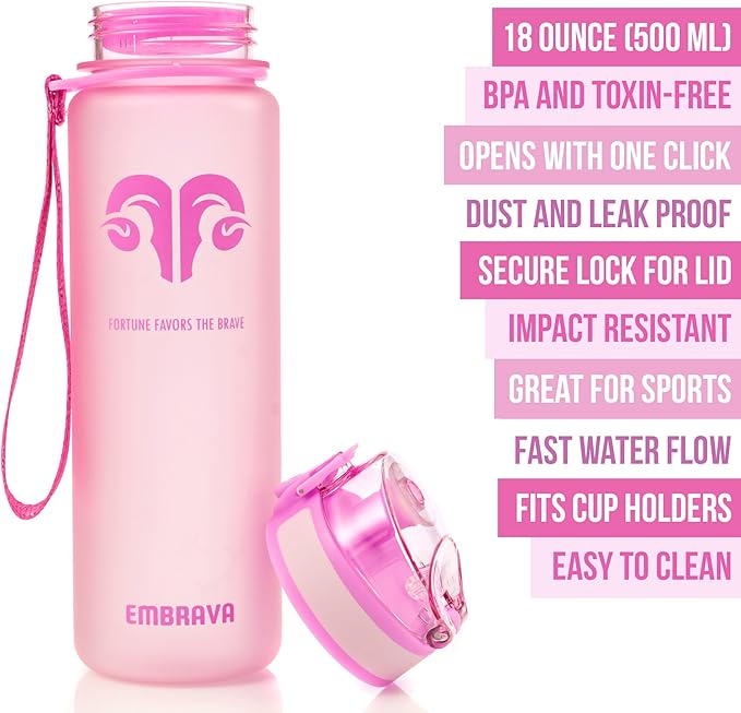 Embrava Best Sports Water Bottle - 17oz Small - Eco Friendly & BPA-Free Plastic - For Running, Gym, Yoga, Outdoors and Hiking - Fast Water Flow, Flip Top, Opens With 1-Click - Leak-proof Lid