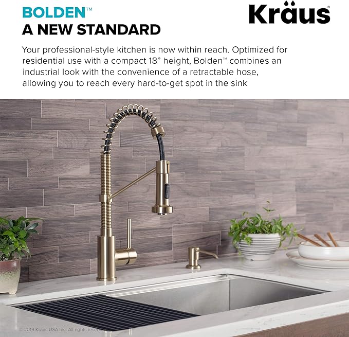 Kraus KPF-1610BG Bolden 18-Inch Commercial Kitchen Faucet with Dual Function Pull-Down Sprayhead in all-Brite Finish, 18 Inches, Brushed Gold