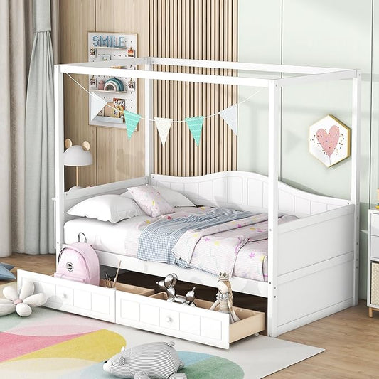 Twin Size Canopy Day Bed with 2 Drawers, White Finish, Sturdy Pine Wood and MDF, Built in Backrest, Space-Saving Design, Fits Curtains and Decorations,77.6"x 41.3"x66.1"