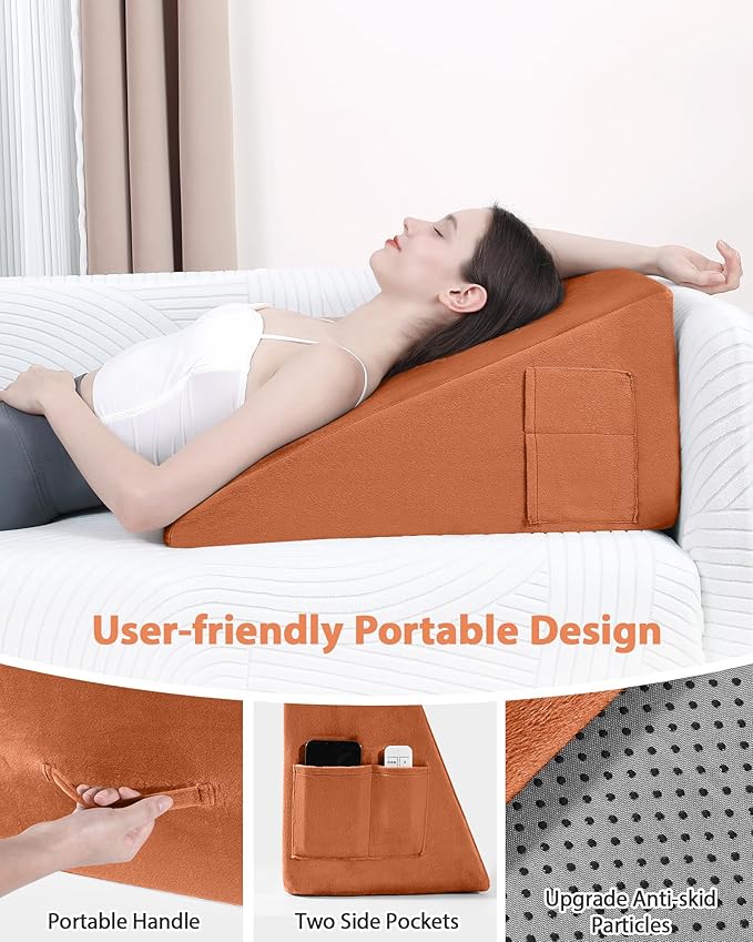 Wedge Pillow for Sleeping, 12 Inch Bed Wedge Pillow for After Surgery, Acid Reflux, Memory Foam Top Triangle Pillow Wedge for Head, Back, Leg with Machine Washable Cover-Camel
