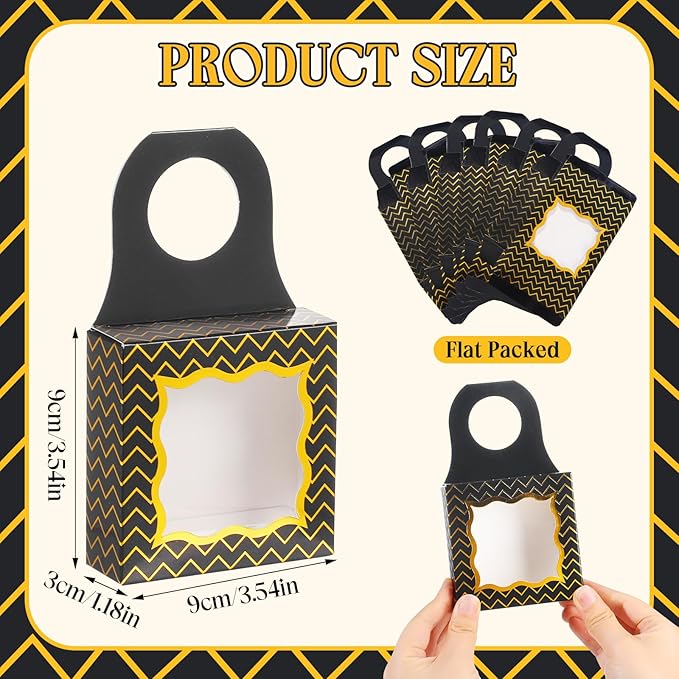 ISKYBOB 20PCS Wine Bottle Box with Window, Kraft Paper Wine Boxes for Birthday Gifts Hanging Wine Treat Box Mini Charcuterie Boxes Champagne Bottles Gift Boxes Candy Box for Party Favor (Black Gold)
