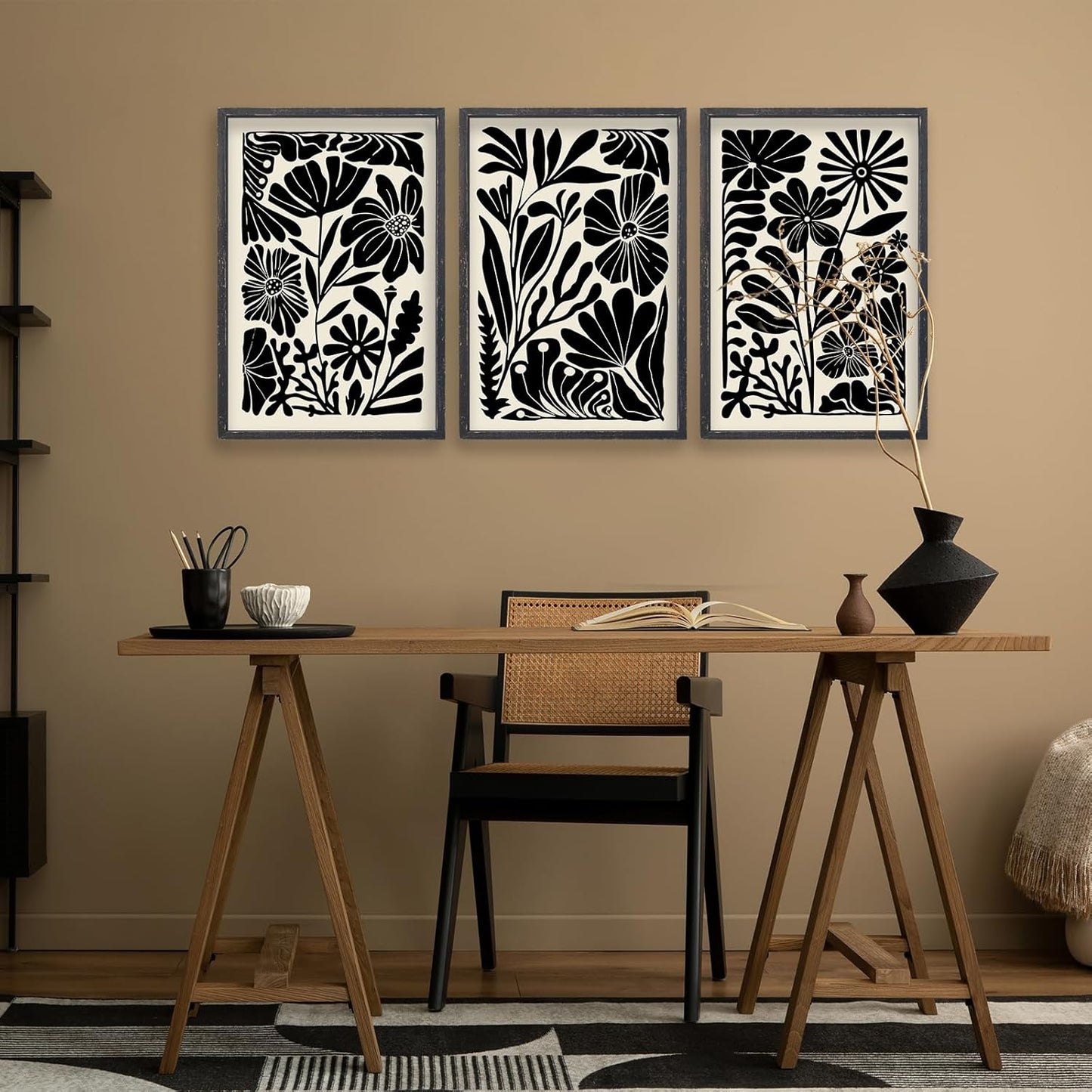 Abstract Floral Botanical Wall Art 16x11 Inch 3 Piece Black Vintage Boho Plant Flower Minimalist Wood Frame Sign Home Living Room Family Office Mid Century Print Wall Hanging Decor (Black)