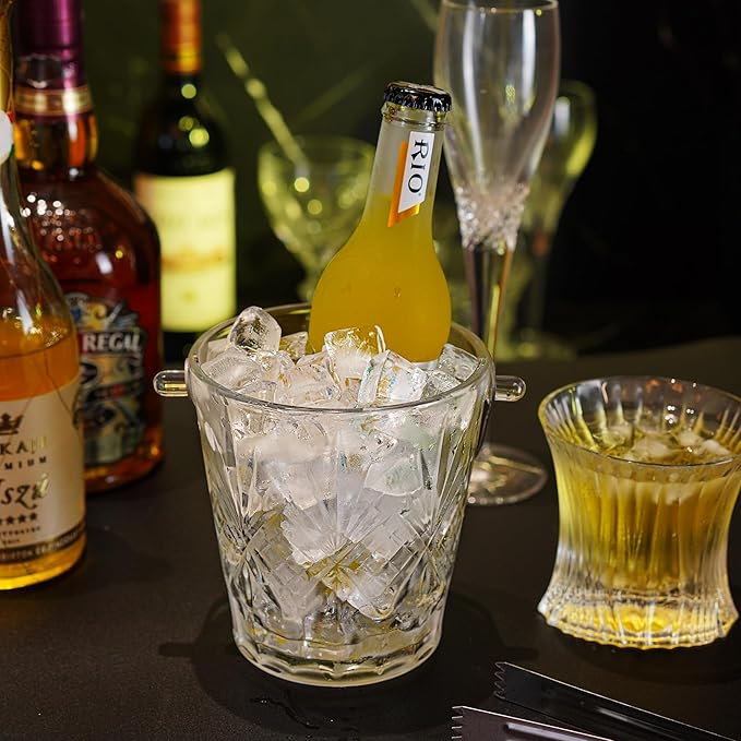 Clear Glass Ice Bucket with Ice Tong and Handle Crystal Ice Cube Busket Cocktail Bar Champagne Bucket for Parties Wine Accessory