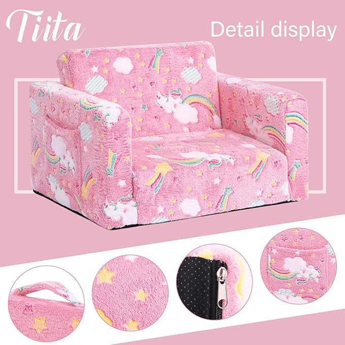 Tiita Toddler Chairs, 2-in-1 Kids Sofa Bed Fold Out, Plush Children's Foam Chair for Boys and Girls, Small Convertible Couch for Baby, Pink Rainbow
