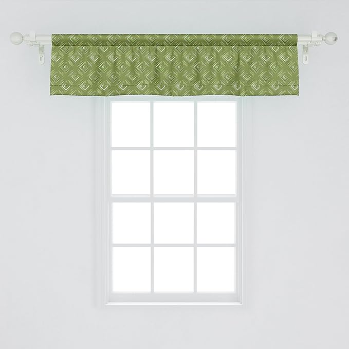 Ambesonne Olive Green Window Valance, Grunge Geometric Pattern Square Shape Diagonal Abstract Rhombus, Curtain Valance for Kitchen Bedroom Decor with Rod Pocket, 42" x 12", Olive Green Coconut