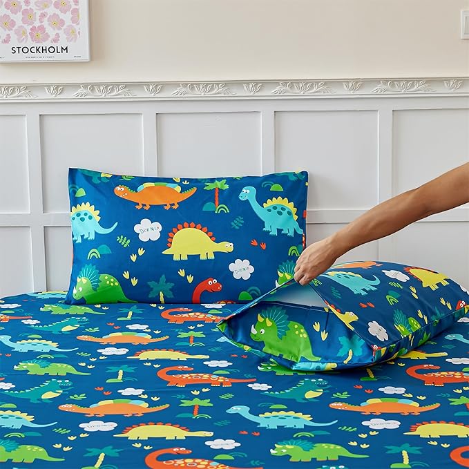 RYNGHIPY Kids Dinosaur Sheets Set for Boys Soft Microfiber Dino Sheets for Twin Size Bed Deep Pocket Fitted Sheet Flat Sheet and Pillowcase (Blue Dinosaur,Twin)