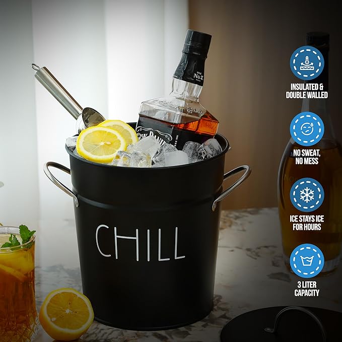 Ice Bucket with Scoop - Black Ice Bucket with Scoop, Lid, Handles, and Removable Liner - Holds 3L of Ice for Outdoor and Indoor Parties, Barbecues, and Gatherings To Keep Them "Chill"
