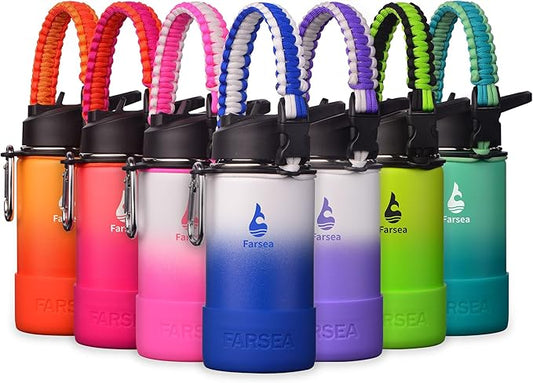 Farsea Insulated Water Bottle With Paracord Handle, Protective Silicone Boot and 2 Lids (Straw Lid & Spout Lid), Stainless Steel Water Bottle Wide Mouth, Double Wall Sweat-Proof BPA-Free,12 oz