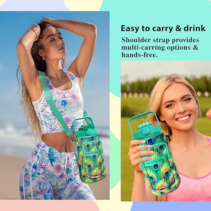 64 oz Water Bottle with Straw Sleeve & Strap Motivational Half Gallon Water Jug with Handle for Gym Women Men Aesthetic Water Bottle with Strap Peacock Feather