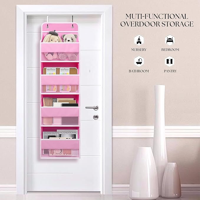 Heavy Duty Over Door Organizer, Hanging Organizer Storage with 4 Large Capacity Pockets, Closet Bathroom Nursery Bedroom Dorm, Toys Cosmetics Sundries and Baby Essentials, Pink