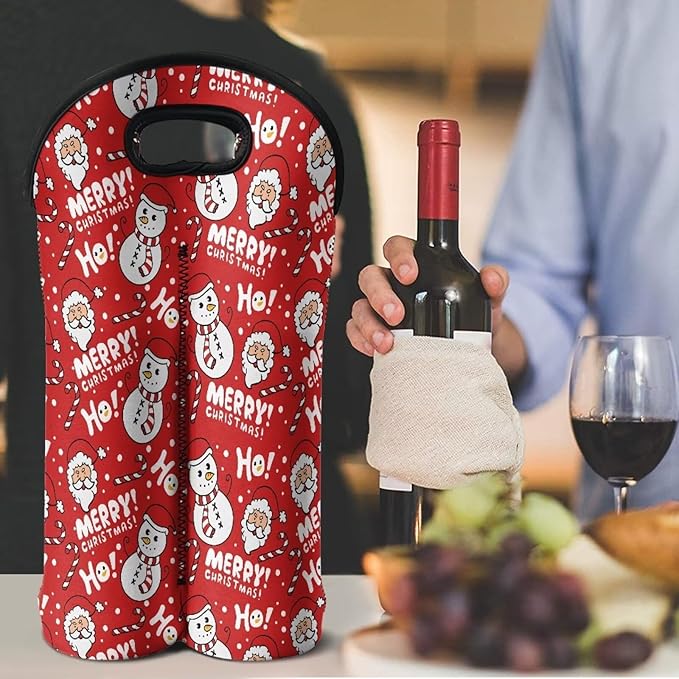 doginthehole Merry Christmas Wine Tote Bag for 2 Wine Bottles, Cute Santa Claus Snowman Wine Bag for Travel, Insulated Wine Carrying Bag with Handle, Gifts for Thanksgiving Christmas New Year