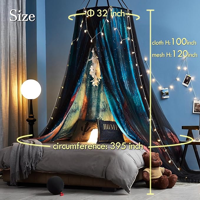 Kertnic Gorgeous Aurora Printed Bed Canopy for Girls & Adults, Room Decorative Cozy Bed Curtain Canopy Drapes, Round Dome Luxurious Lace Princess Canopies Mosquito Netting (Aurora)