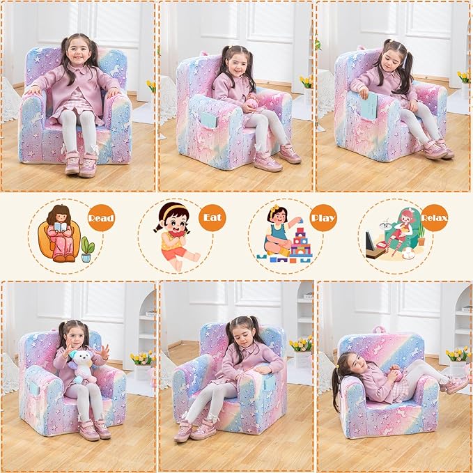 Snuggly-Soft Cuddly Toddler Plush Armchair for Boys and Girls Glowing Pink Fuzzy Plush Kids Sofa Couch Reading Chair with Children Friendly Handle for Easy Movement & Double Pockets for Storage