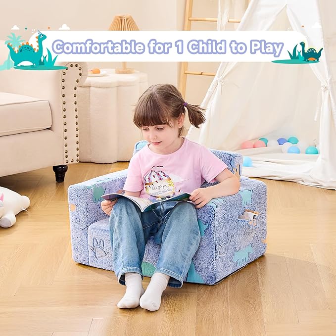 Toddler Chair, Toddler Couch, Kids Couch, Kids Sofa Chair 2 in 1, Comfy Toddler Chair Folding Out for Boys, Girls, Glow in The Dark Extra Soft Open Couch for Playroom, Gifts for Kids, Dinosaur