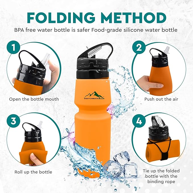 Collapsible Water Bottle (25Oz) - BPA Free Silicone Space Saving Collapse Water Bottle W/ Removable Straw | Temperature Resistant Collapsible Water Bottles For Travel And Rugged Outdoor Activities