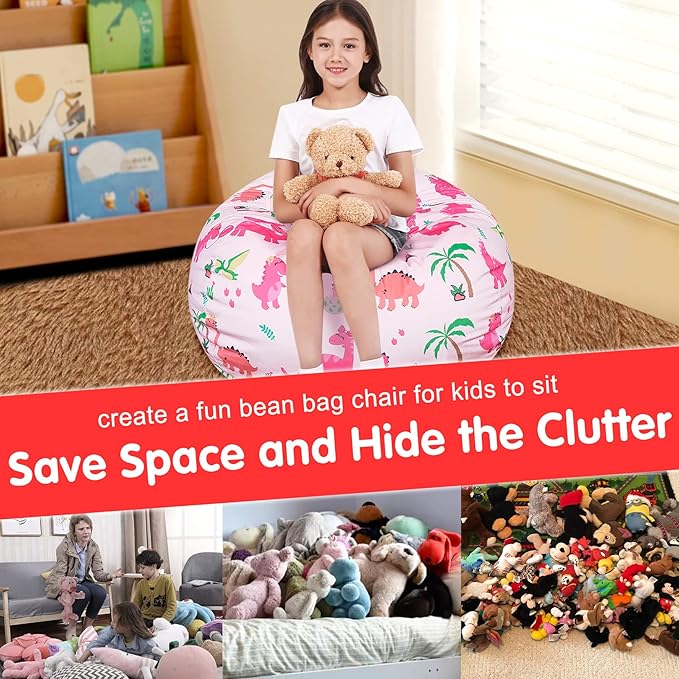 Lukeight Stuffed Animal Storage Bean Bag Chair Cover for Kids, Dinosaur Zipper Beanbag Chair Cover for Organizing Toddler and Kids' Rooms Plush Toys (Dinosaur Blush, Large)
