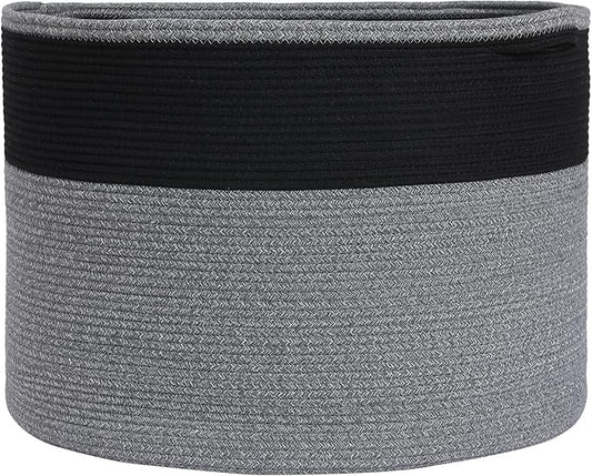 24" x 24" x 17" Max Size Large Cotton Rope Basket, Extra Large Storage Basket, Woven Laundry Hamper, Cloth Storage Bin, for Blankets Clothes Towels Pillows in Living Room, Black in Grey Mix