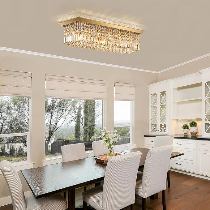 Siljoy Modern Crystal Chandelier 6-Lights Rectangle Flush Mount Pendant Ceiling Light Fixture Luxury Gold Rectangular K9 Crystal Raindrop Chandelier for Dining Living Room Kitchen Island Bar L31.5''