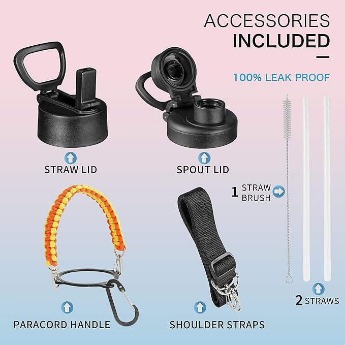 40 oz Insulated Water Bottle with Paracord Handles & Strap, 2 Lids(Straw Lid&Spout Lid), Stainless Steel Reusable Wide Mouth Metal Water Bottle With Straw, Double Walled, Thermo Mug（Mango Yellow)