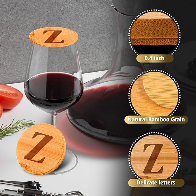 Personalized Wine Glass Charcuterie Topper - Custom Laser Engraved Initial Bamboo Wine Glass Topper Stopper Coasters Plate ID Identification Wine Glass Charcuterie Board Topper (Letter Z)