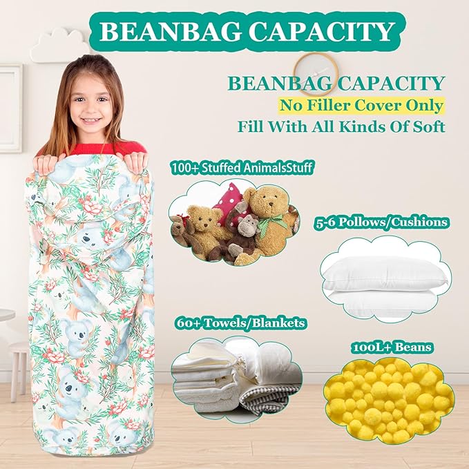 Stuffed Animal Bean Bag Storage Chair for Kids Cover Only (No Filler), Organize, Sit, Play & Boxing, 100% Cotton Canvas Washable, Ultra Soft Cylinder Long Vertical Zipper Best Gift for Child