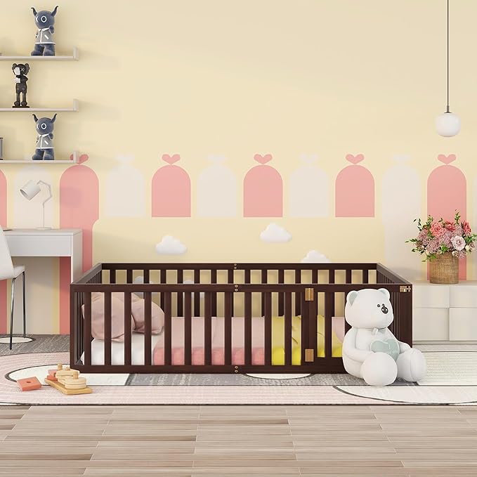 Queen Size Floor Bedframe with Door and Safety Guardrails Fence, Solid Wooden Toddler Montessori Platform Bed for Children Bedroom, Boys Girls, Kids Playroom