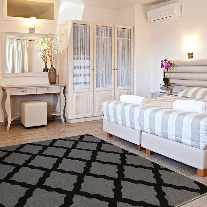 Machine Washable Moroccan Trellis Design Non-Slip Rubberback 5x7 Traditional Indoor Area Rug for Living Room, Bedroom, Dining Room, 5' x 6'6", Dark Gray