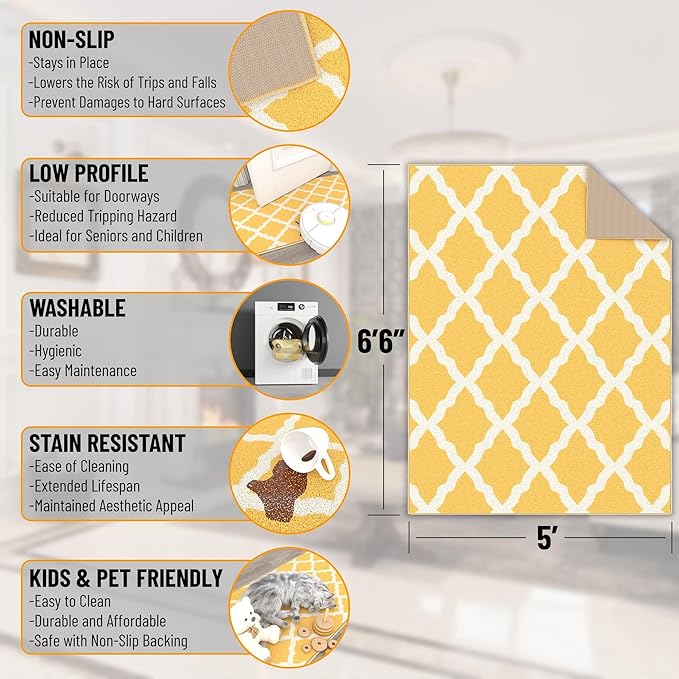 Machine Washable Moroccan Trellis Design Non-Slip Rubberback 5x7 Traditional Indoor Area Rug for Living Room, Bedroom, Dining Room, 5' x 6'6", Yellow