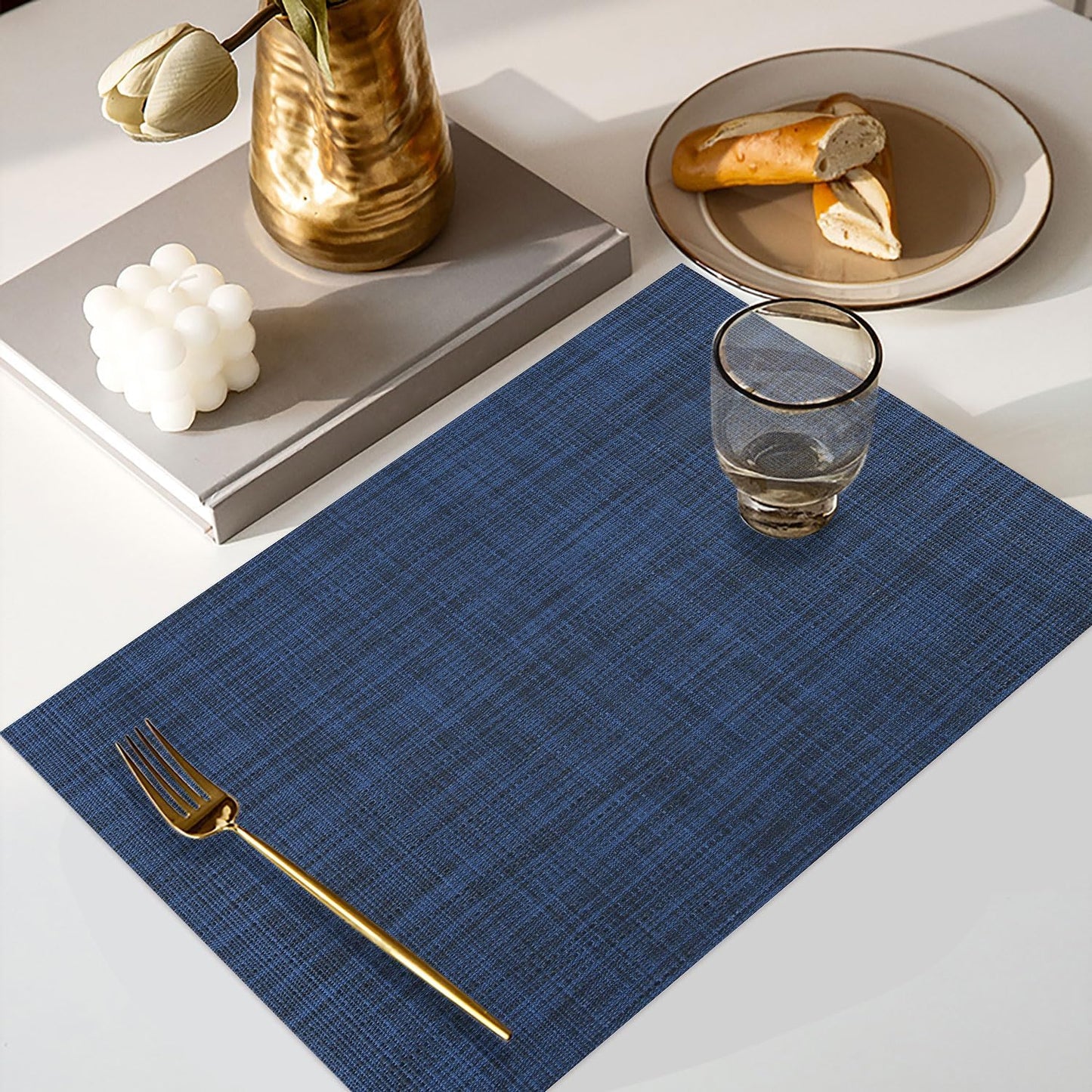 Vinyl Placemats Set of 6, PVC Woven Washable Non-Slip Table Mats, Heat Resistant Wrinkle Free Place Mats for Dining Table, Easy to Clean (6, Navy Blue)