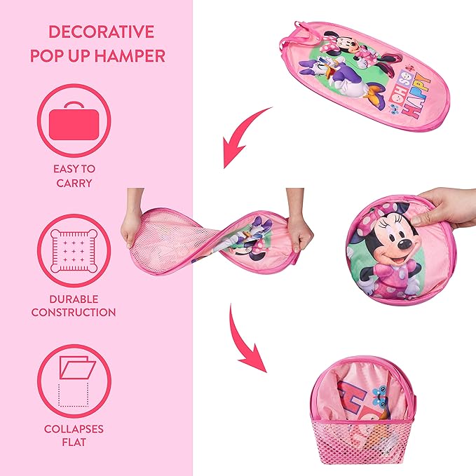Disney Minnie Mouse Oh So Happy Pop Up Hamper with Durable Carry Handles, 21" H x 13.5" W X 13.5" L