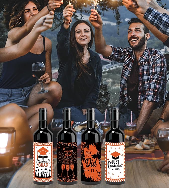 24Pcs Graduation Gift Wine Labels Congrats Grad Wine Bottle Stickers Graduation Party Waterproof Wine Bottle Decoration Cover for College Congrats Graduation Party Decorations, 4 Design